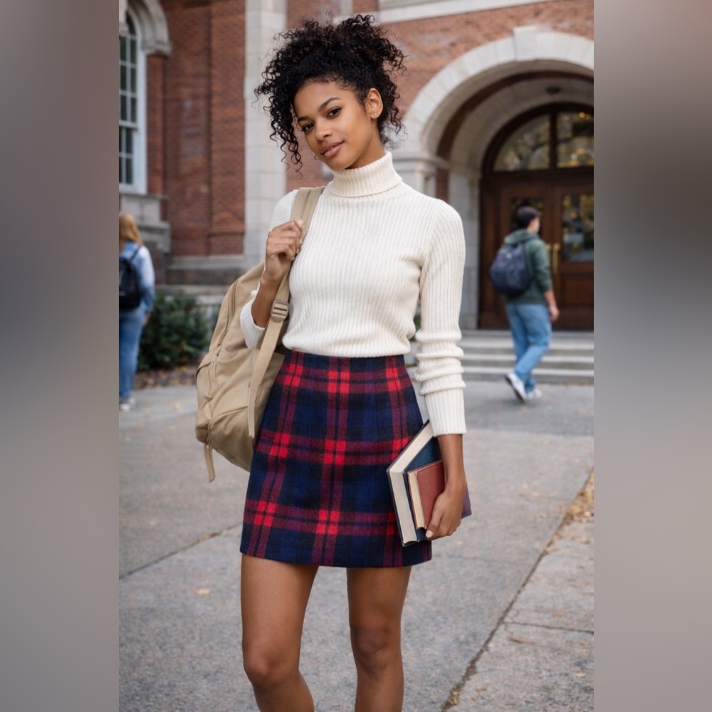NWT Kinghua Red & Blue Plaid Wool Blend Mini Skirt Size Small